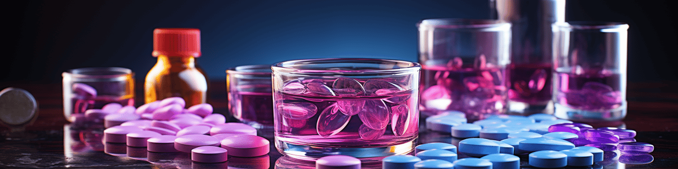 image of drug pills surrounding a glass of water symbolizing drug consumption