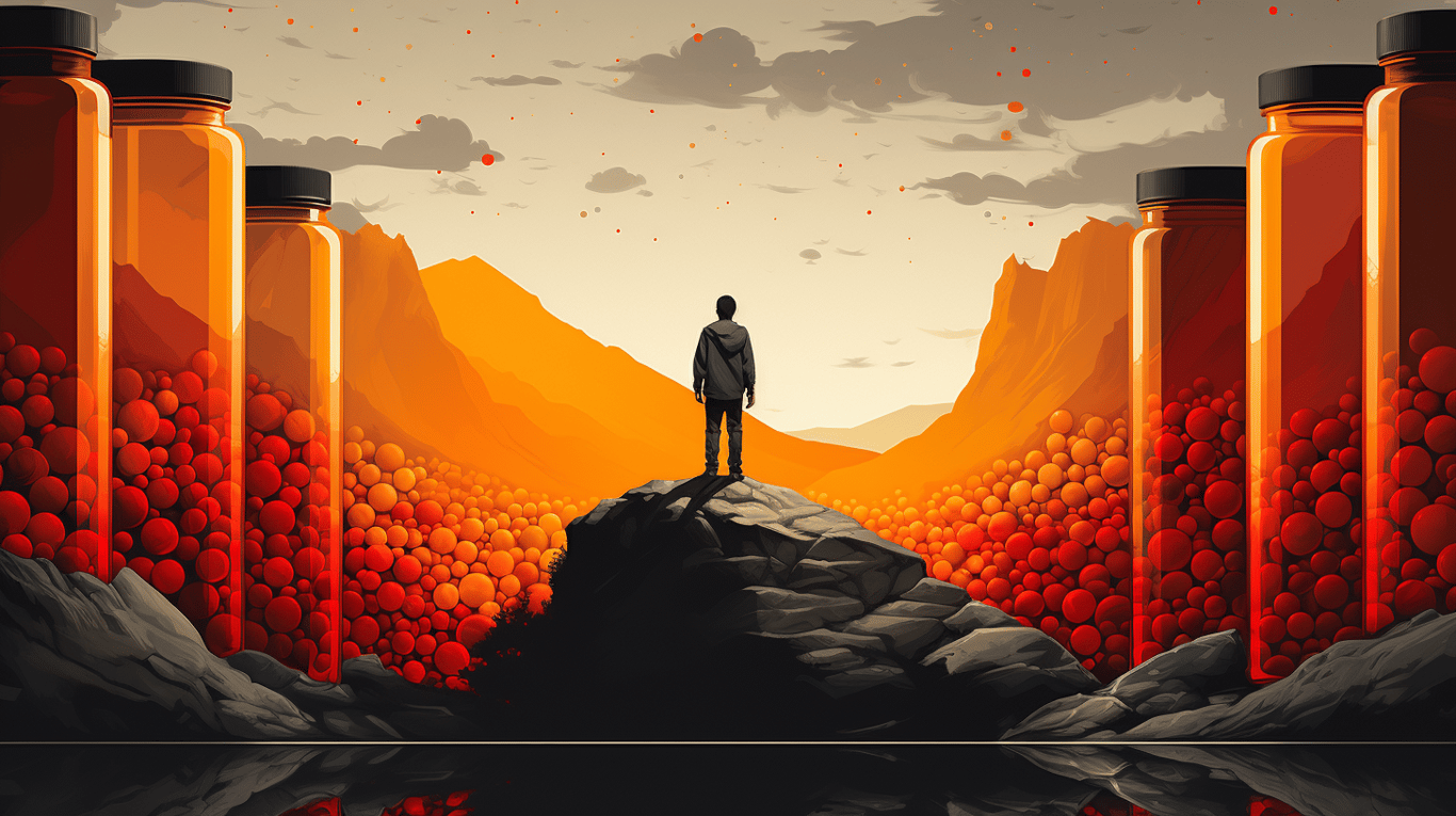 abstract image of a researcher studying a bottle of drug.