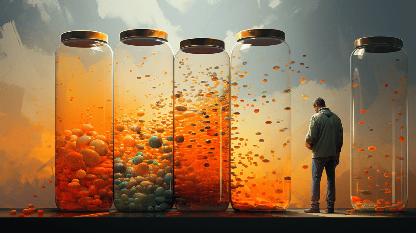 abstract image of a researcher studying a bottle of drug.