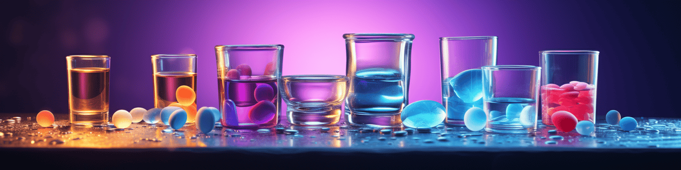 image of drug pills surrounding a glass of water symbolizing drug consumption