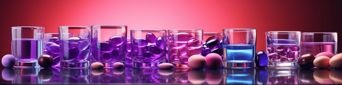 image of drug pills surrounding a glass of water symbolizing drug consumption