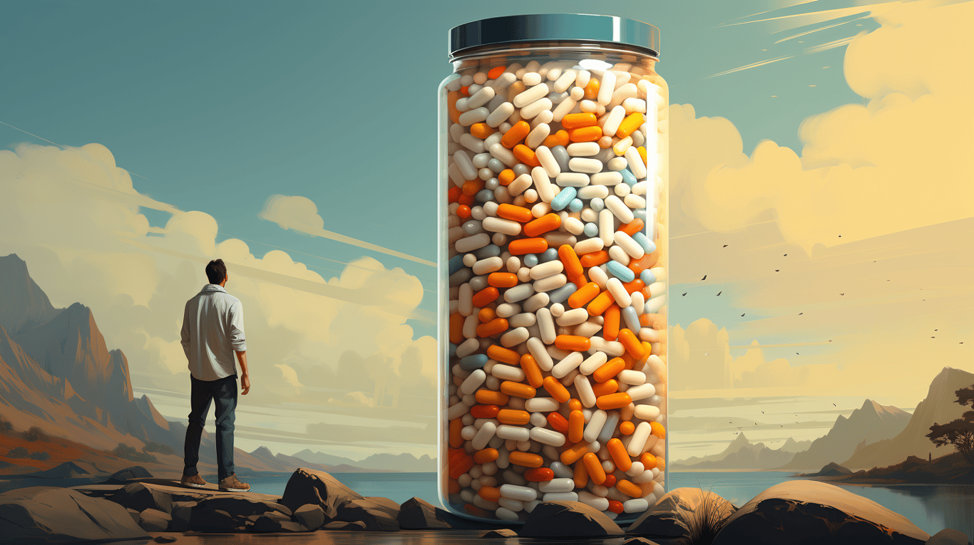 abstract image of a researcher studying a bottle of drug.