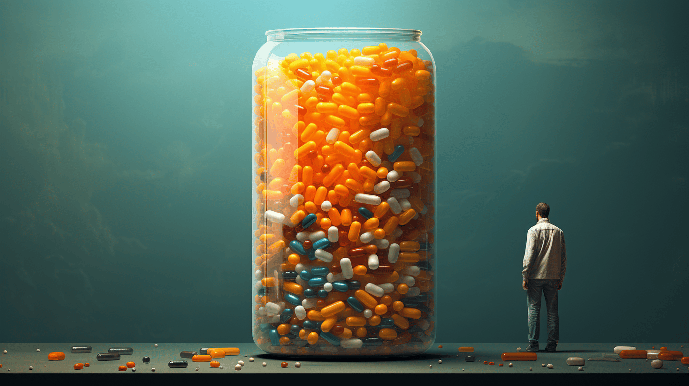 abstract image of a researcher studying a bottle of drug.