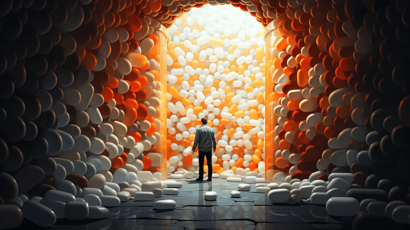 abstract image of a researcher studying a bottle of drug.