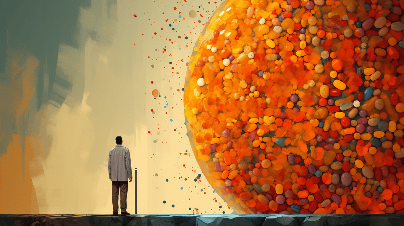 abstract image of a researcher studying a bottle of drug.