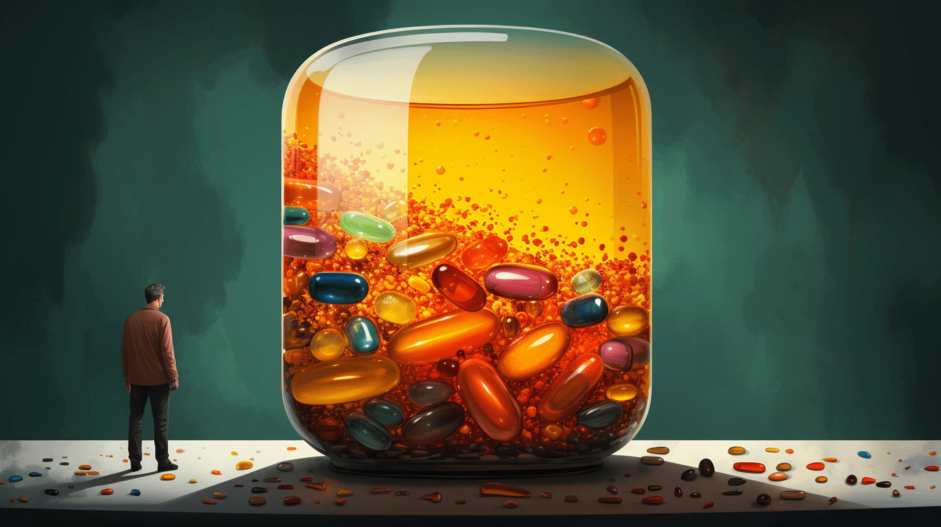 abstract image of a researcher studying a bottle of drug.