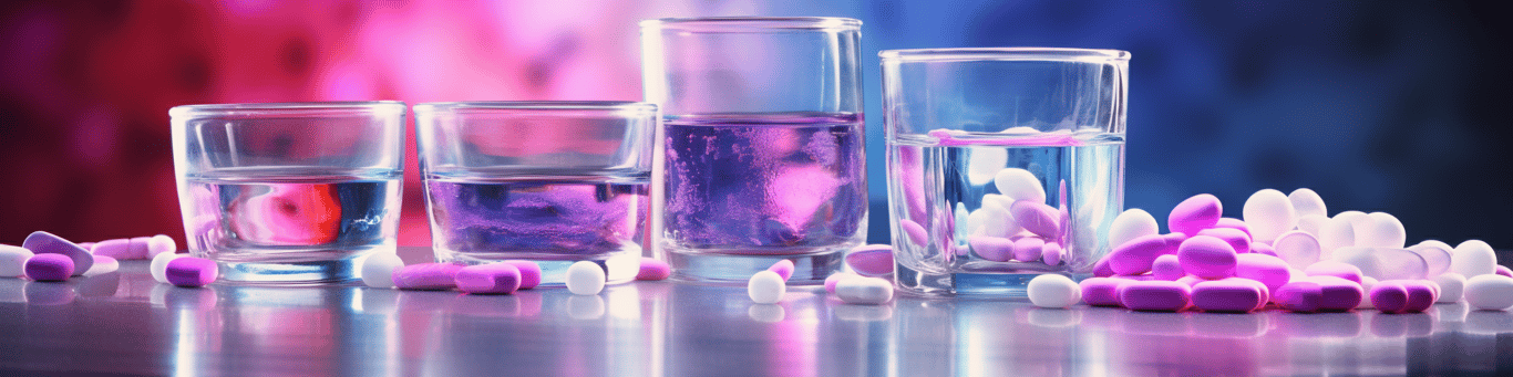 image of drug pills surrounding a glass of water symbolizing drug consumption