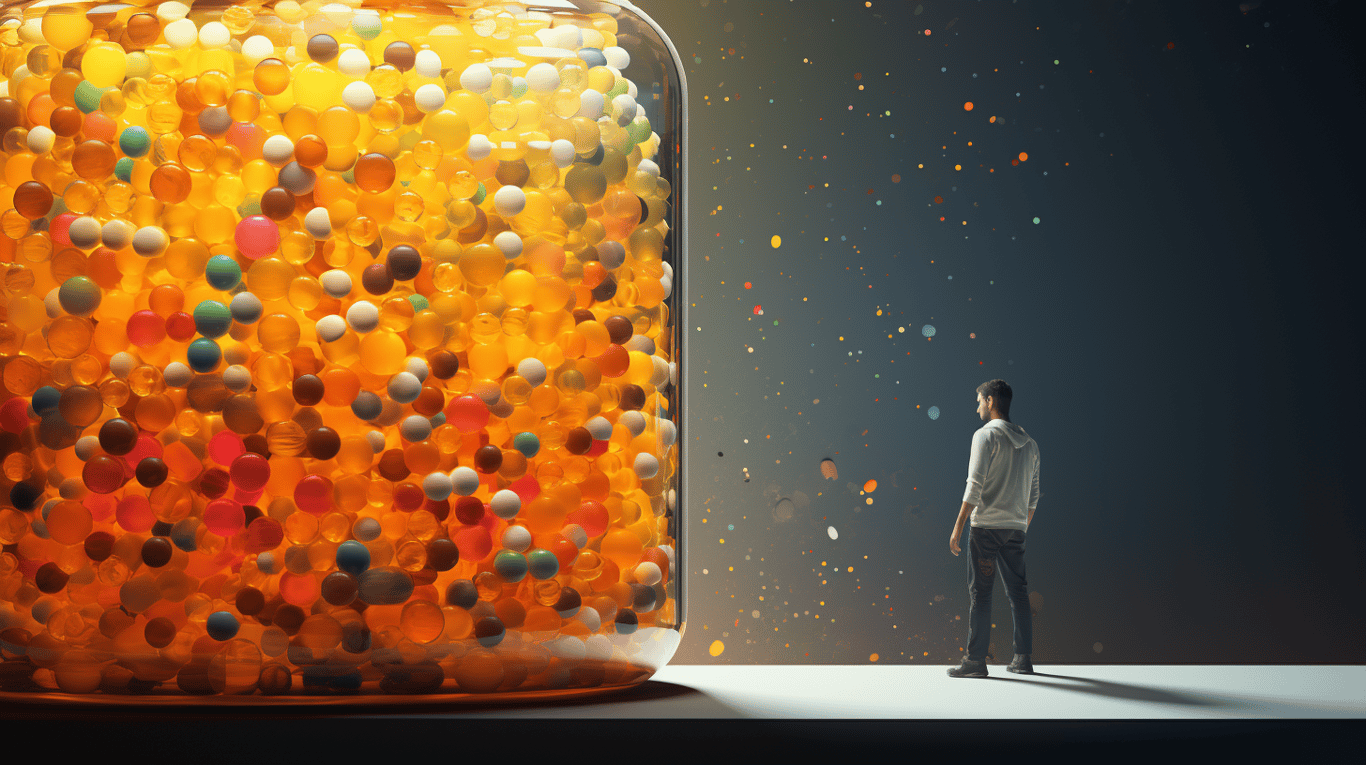 abstract image of a researcher studying a bottle of drug.