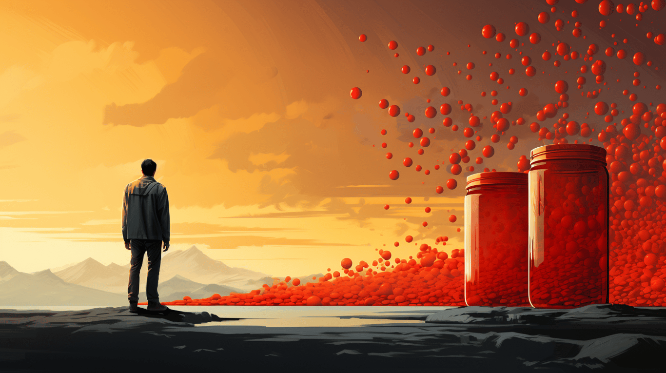 abstract image of a researcher studying a bottle of drug.