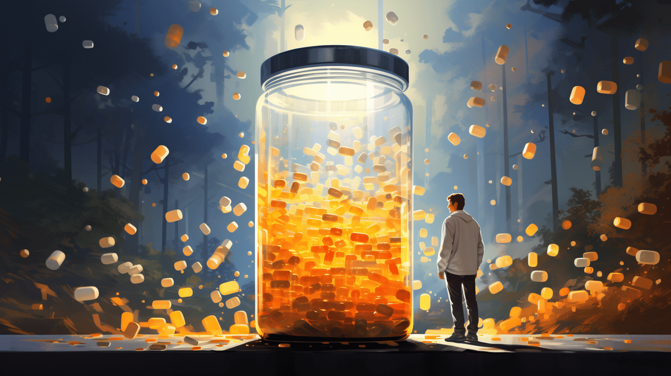 abstract image of a researcher studying a bottle of drug.