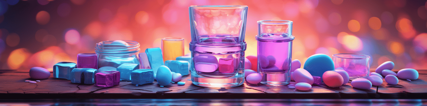 image of drug pills surrounding a glass of water symbolizing drug consumption