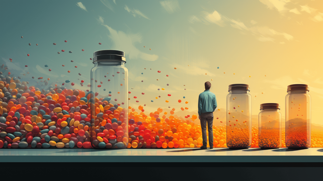 abstract image of a researcher studying a bottle of drug.