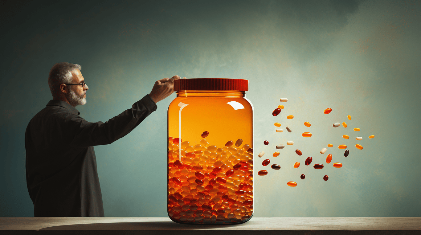 abstract image of a researcher studying a bottle of drug.