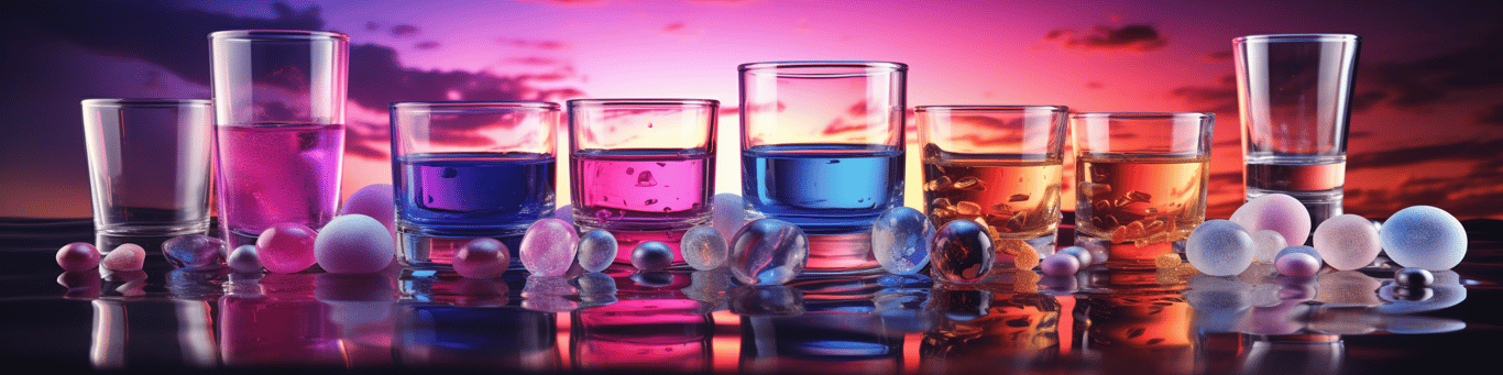 image of drug pills surrounding a glass of water symbolizing drug consumption
