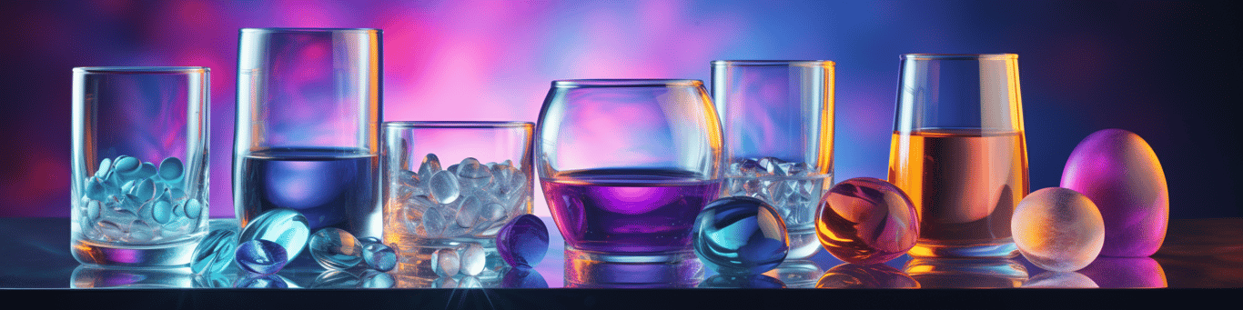 image of drug pills surrounding a glass of water symbolizing drug consumption