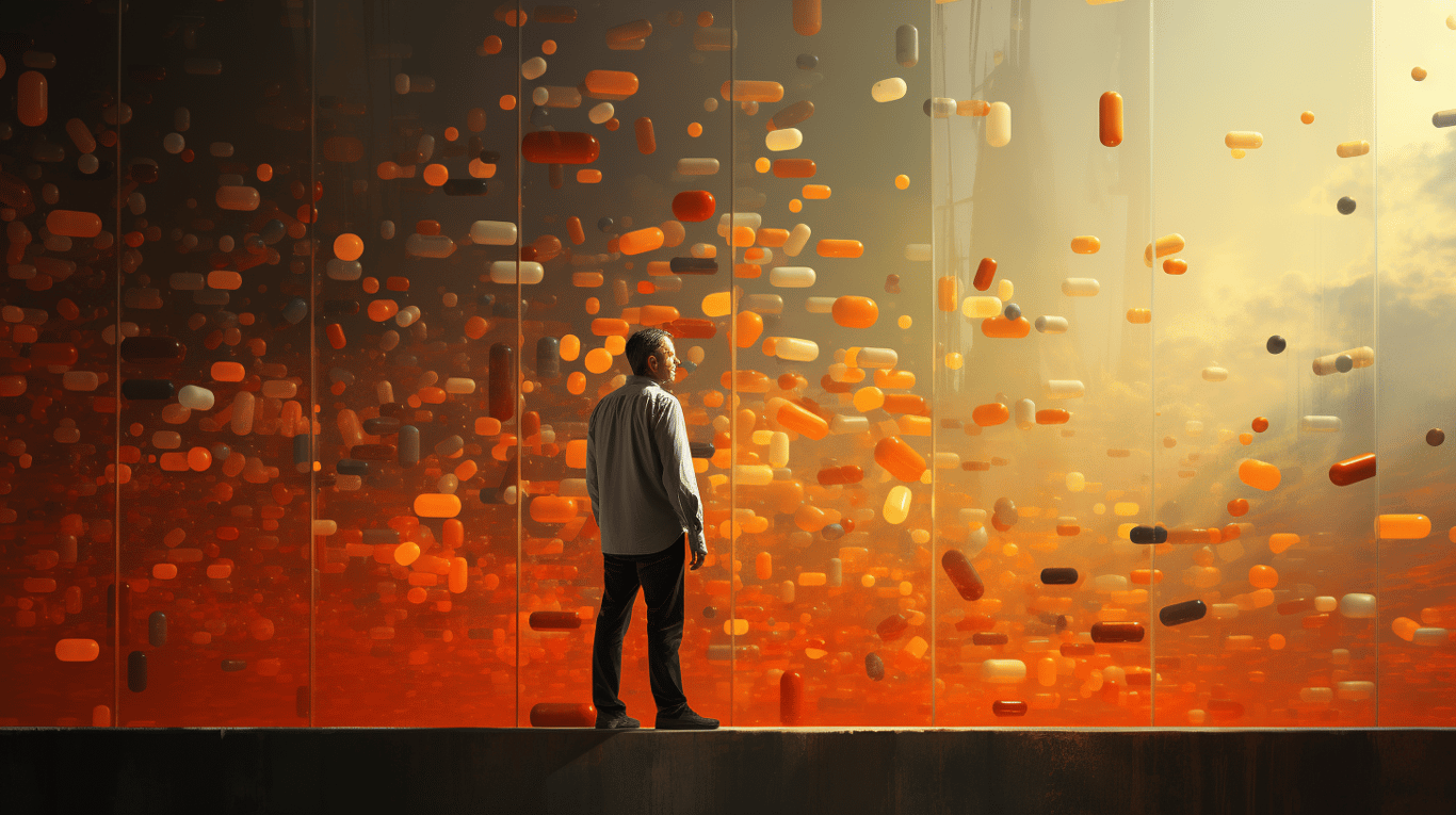 abstract image of a researcher studying a bottle of drug.