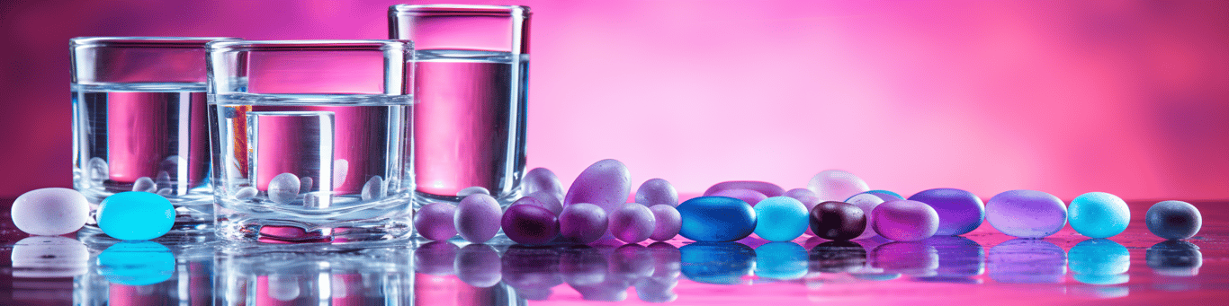 image of drug pills surrounding a glass of water symbolizing drug consumption