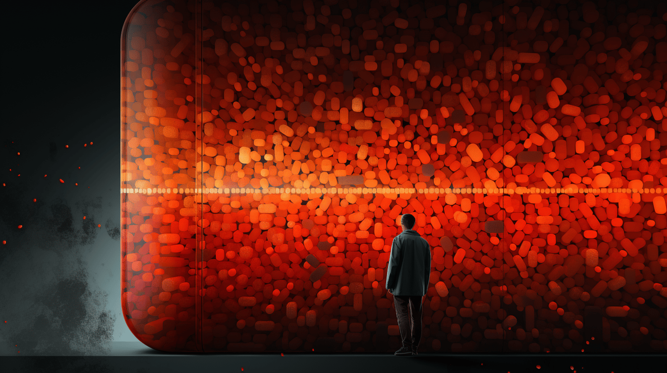 abstract image of a researcher studying a bottle of drug.