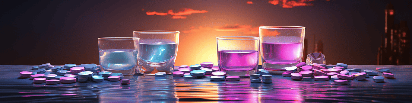 image of drug pills surrounding a glass of water symbolizing drug consumption