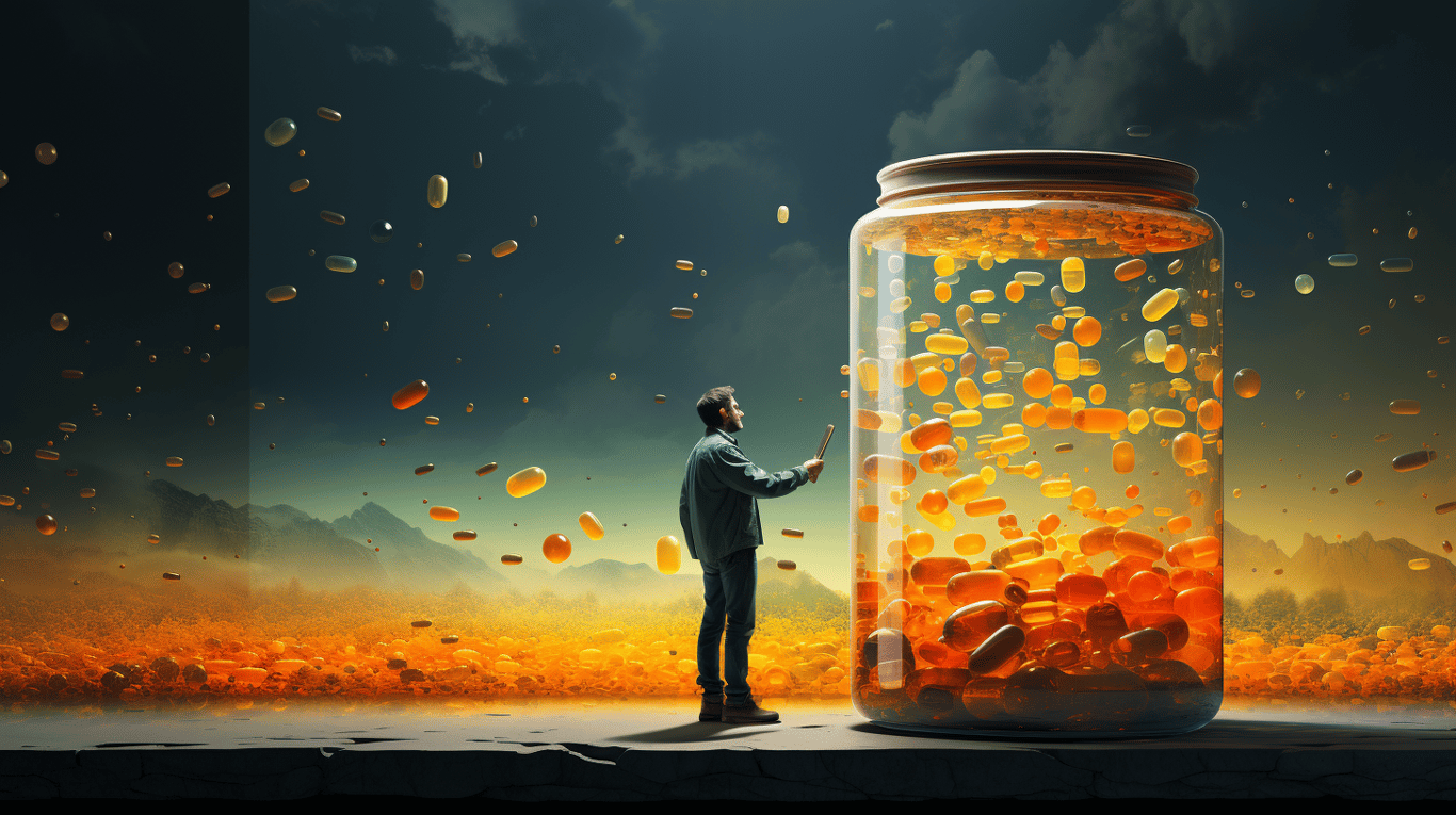 abstract image of a researcher studying a bottle of drug.