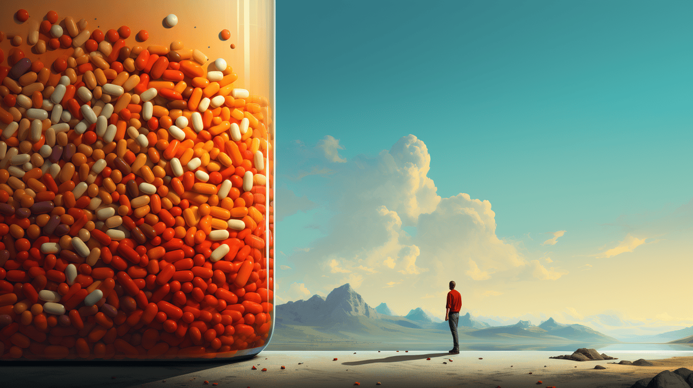 abstract image of a researcher studying a bottle of drug.