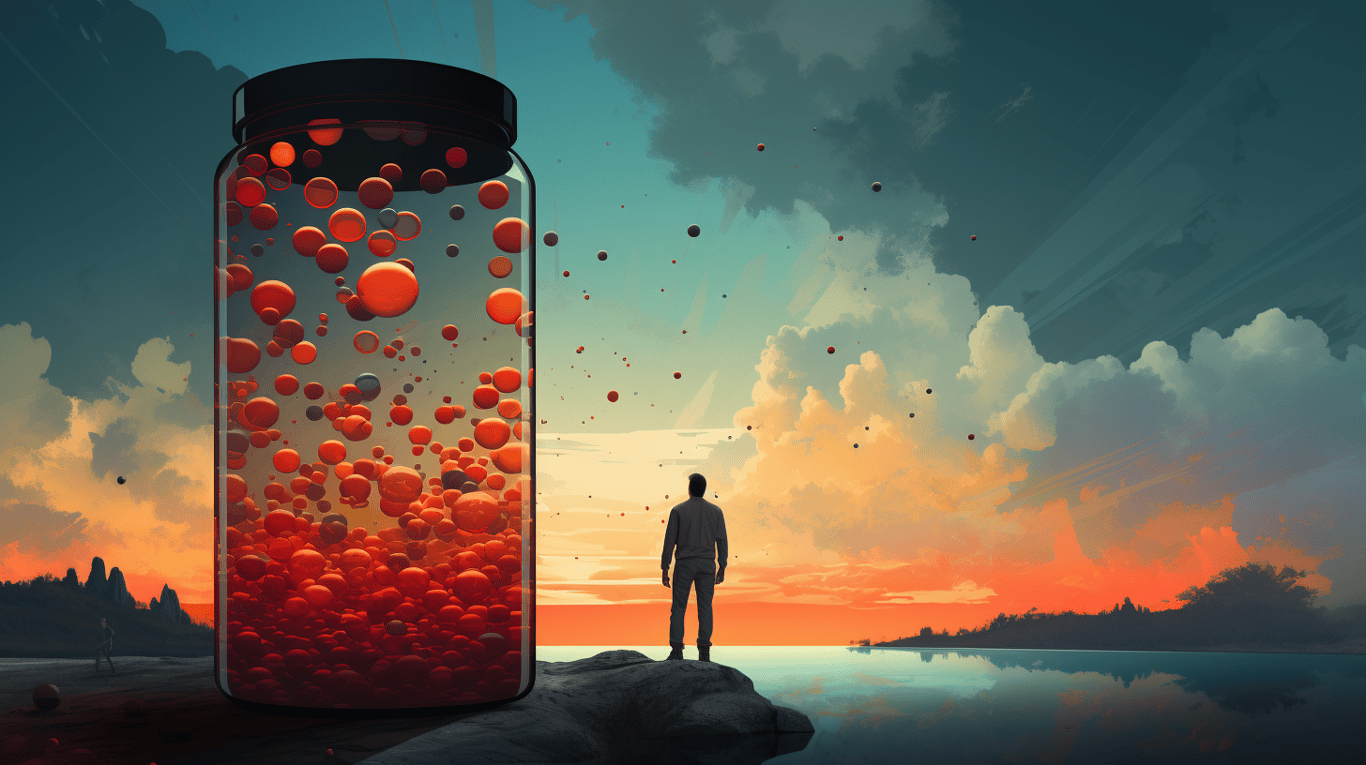 abstract image of a researcher studying a bottle of drug.