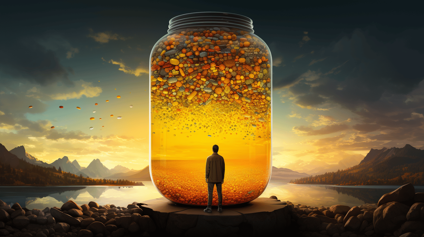 abstract image of a researcher studying a bottle of drug.