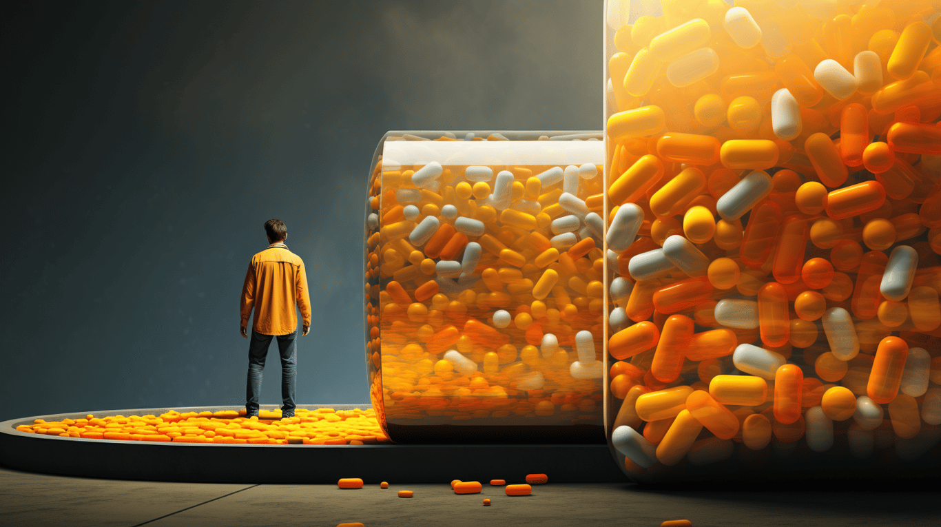 abstract image of a researcher studying a bottle of drug.