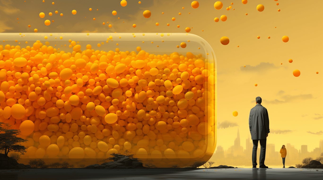 abstract image of a researcher studying a bottle of drug.