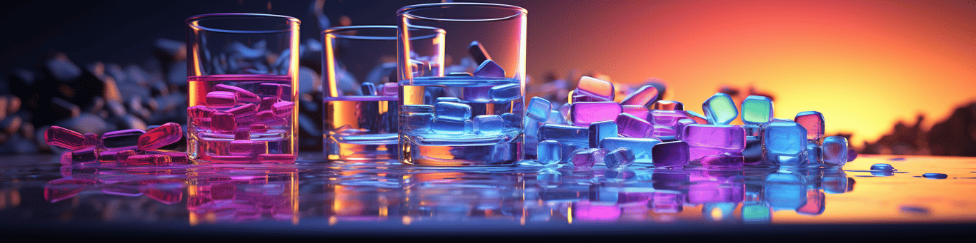 image of drug pills surrounding a glass of water symbolizing drug consumption