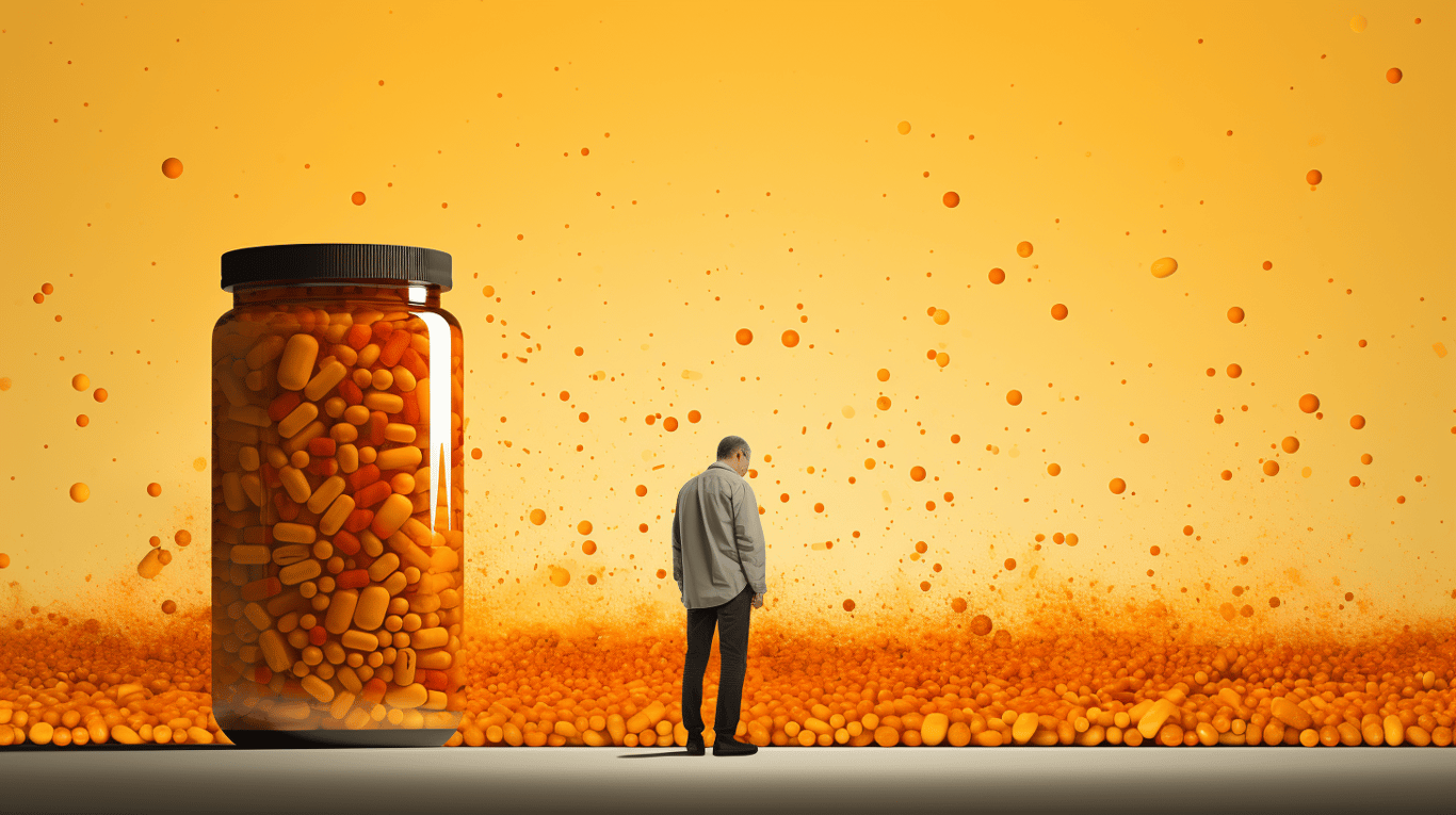 abstract image of a researcher studying a bottle of drug.