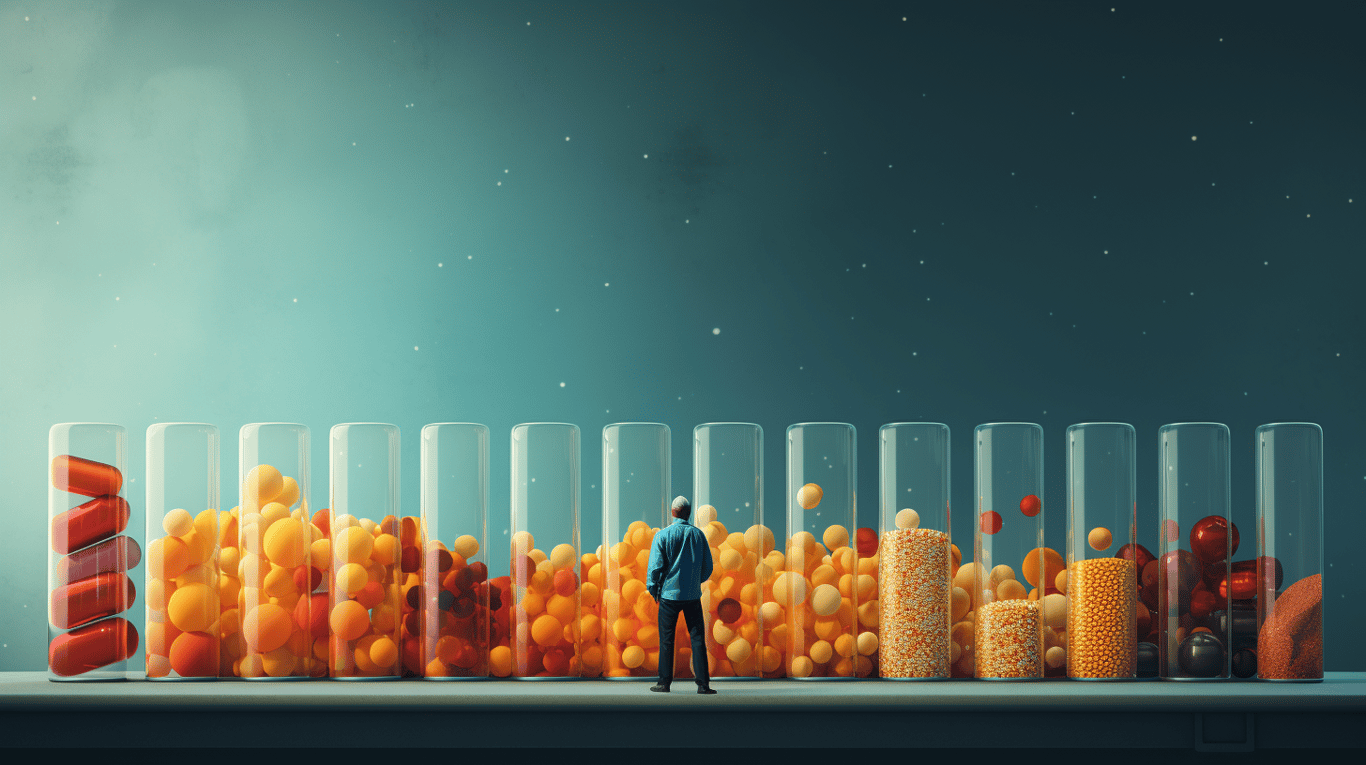 abstract image of a researcher studying a bottle of drug.