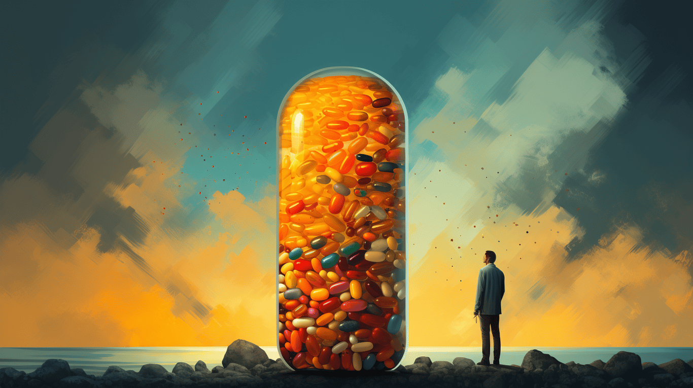 abstract image of a researcher studying a bottle of drug.