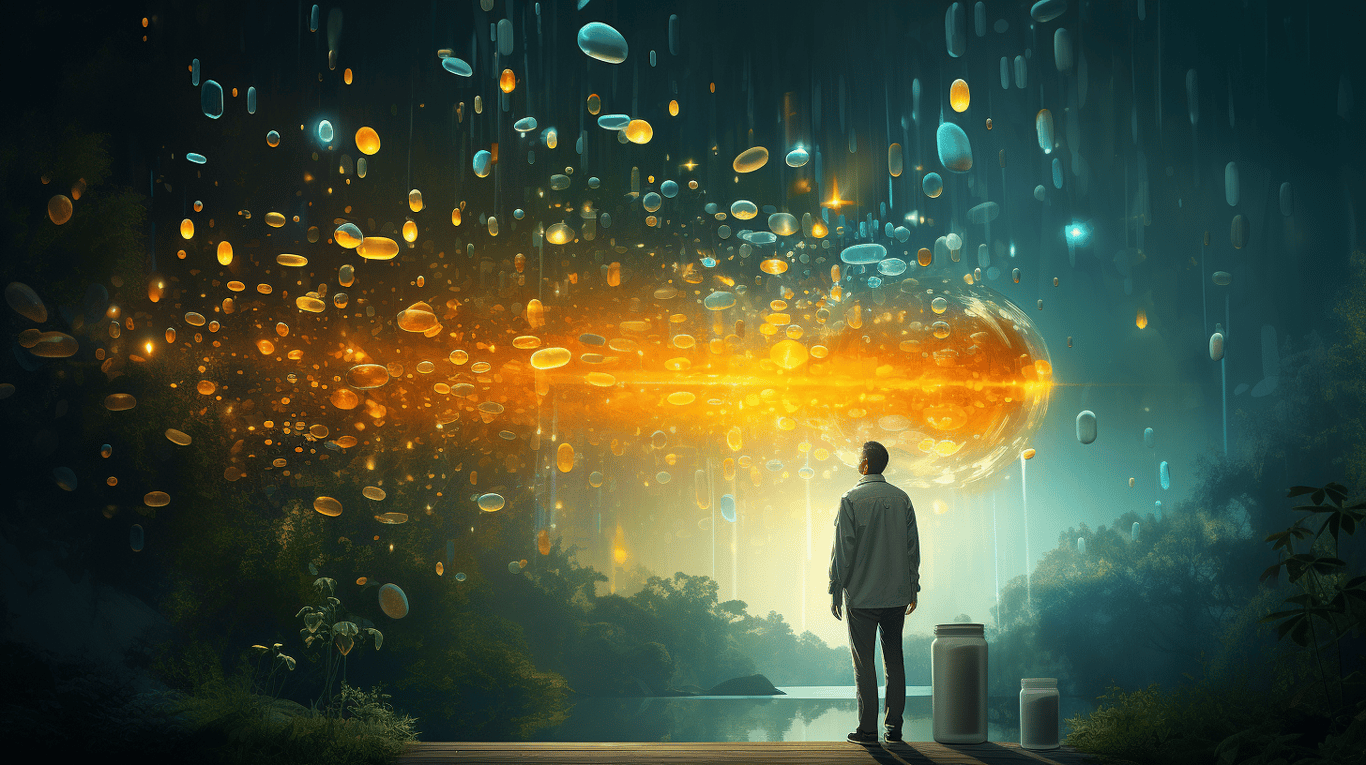 abstract image of a researcher studying a bottle of drug.