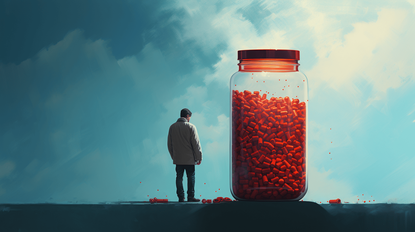 abstract image of a researcher studying a bottle of drug.