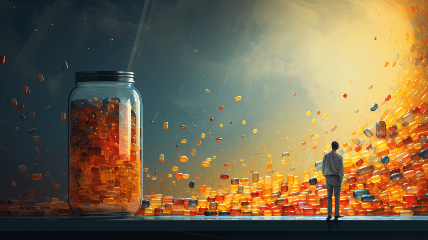 abstract image of a researcher studying a bottle of drug.