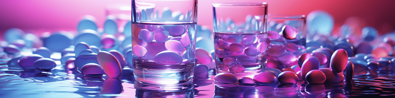 image of drug pills surrounding a glass of water symbolizing drug consumption