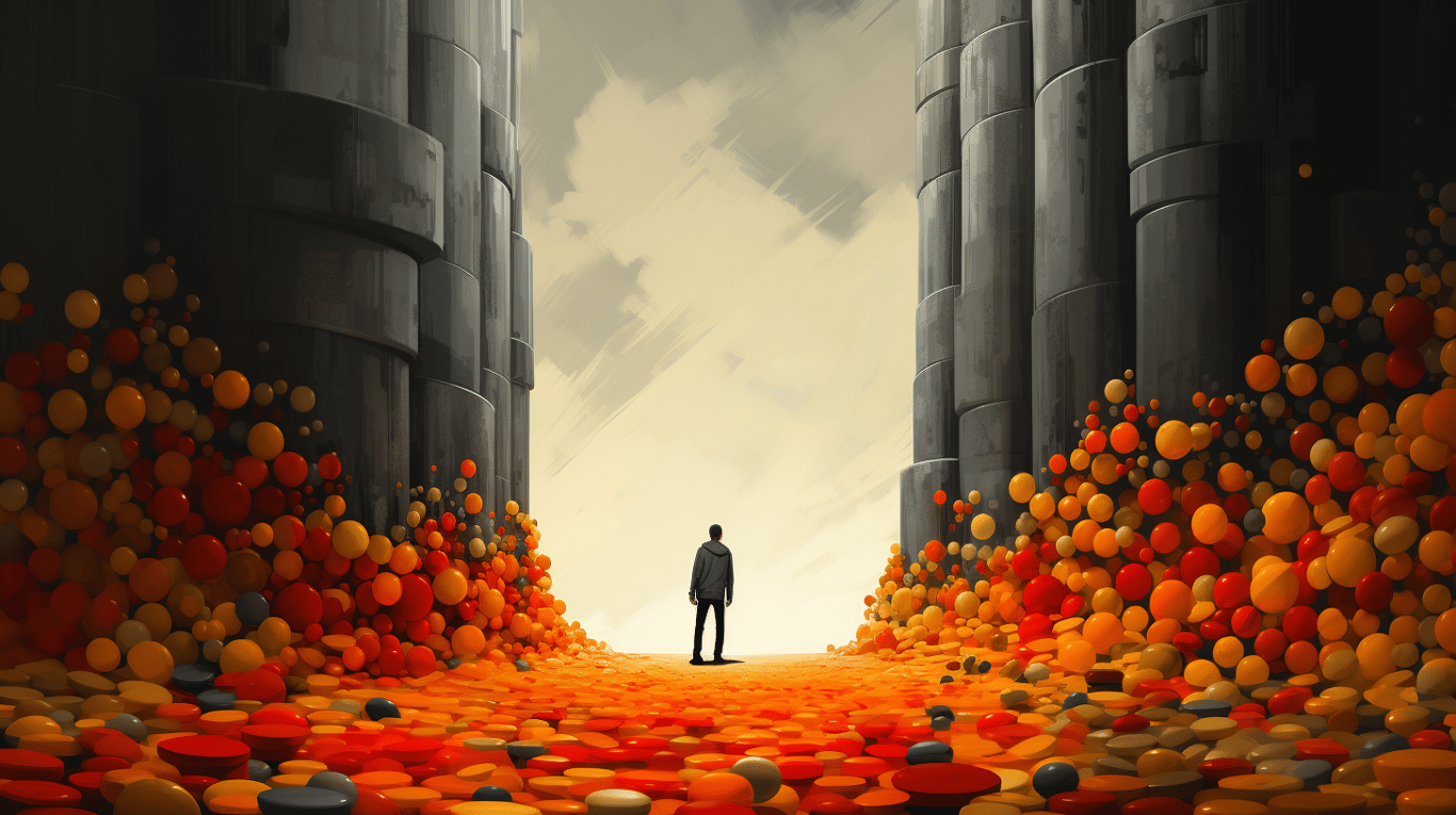 abstract image of a researcher studying a bottle of drug.