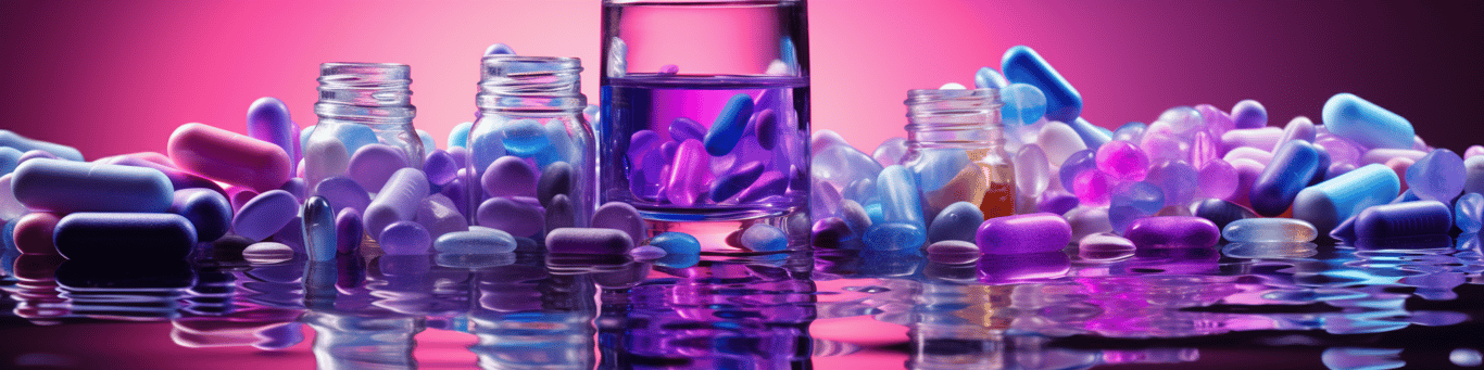 image of drug pills surrounding a glass of water symbolizing drug consumption