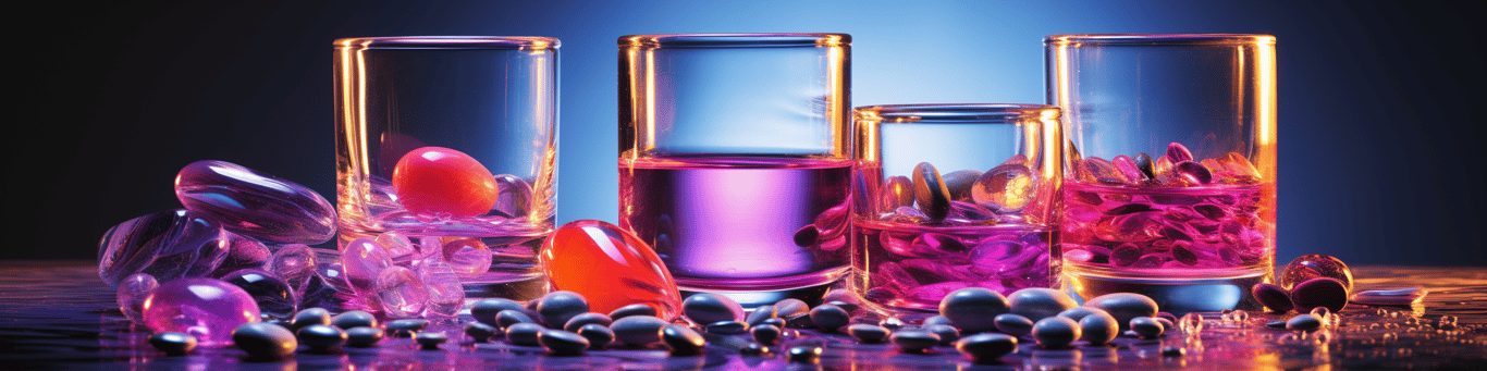 image of drug pills surrounding a glass of water symbolizing drug consumption