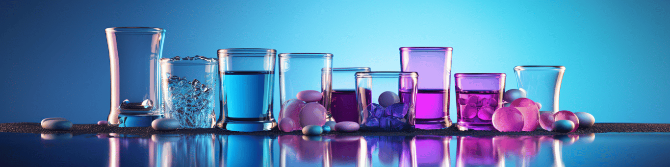 image of drug pills surrounding a glass of water symbolizing drug consumption