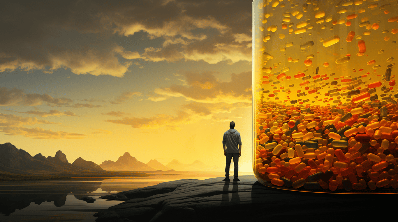 abstract image of a researcher studying a bottle of drug.