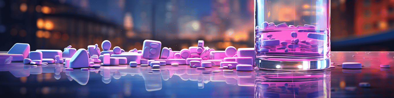 image of drug pills surrounding a glass of water symbolizing drug consumption