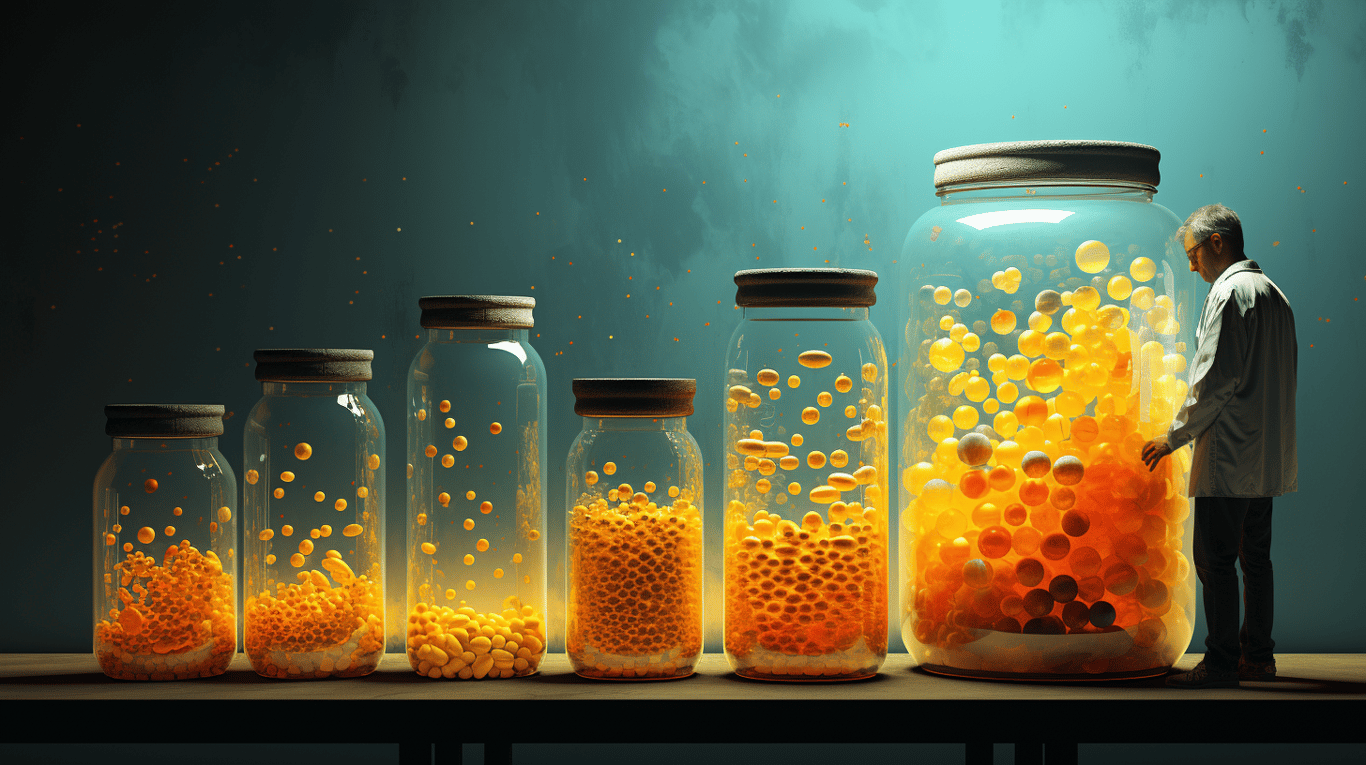 abstract image of a researcher studying a bottle of drug.