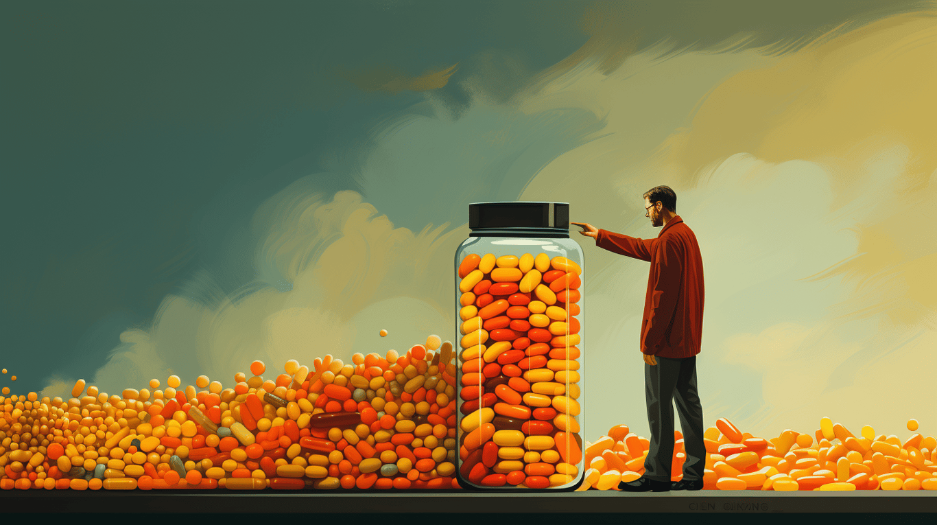 abstract image of a researcher studying a bottle of drug.