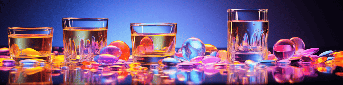 image of drug pills surrounding a glass of water symbolizing drug consumption