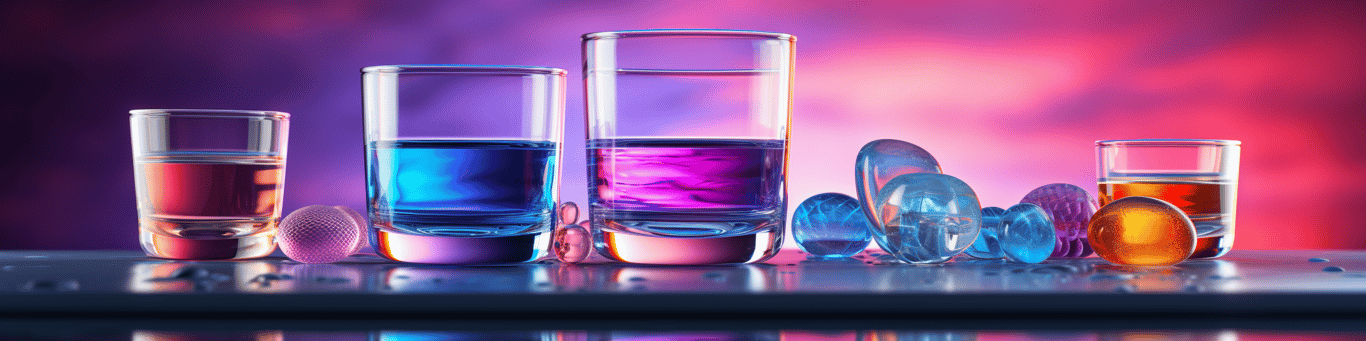 image of drug pills surrounding a glass of water symbolizing drug consumption