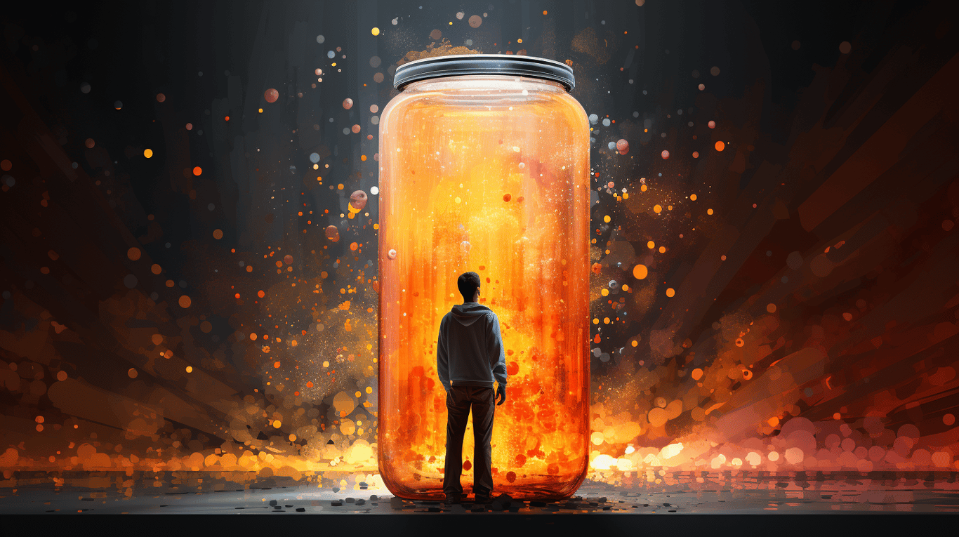 abstract image of a researcher studying a bottle of drug.