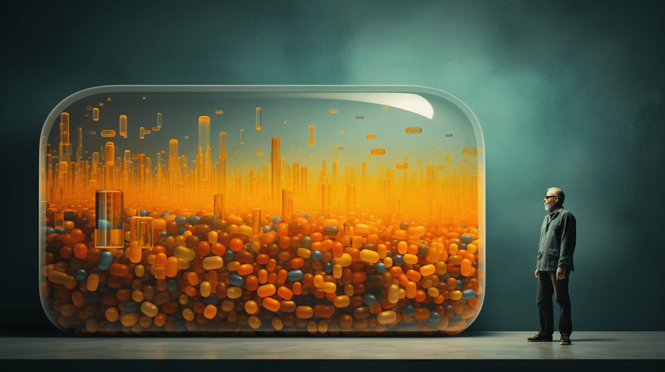 abstract image of a researcher studying a bottle of drug.