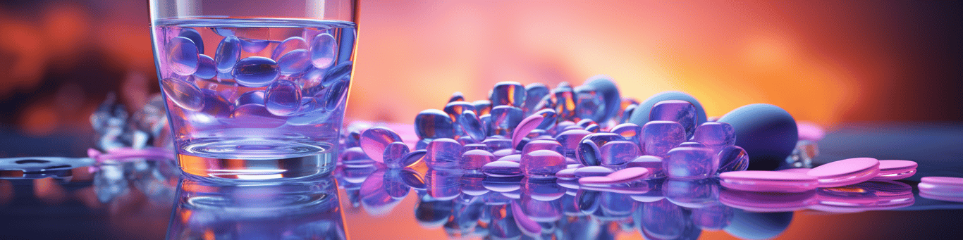 image of drug pills surrounding a glass of water symbolizing drug consumption